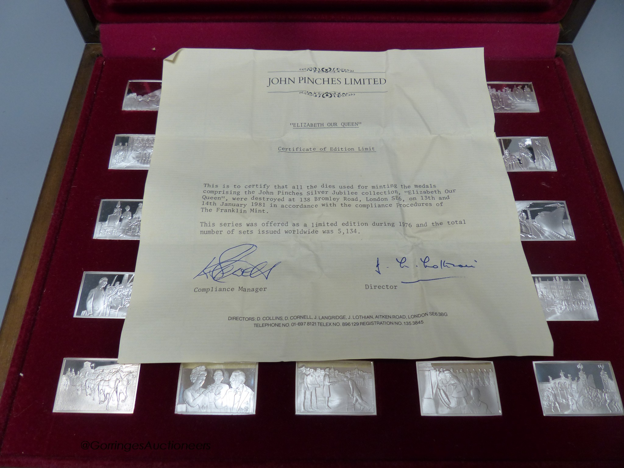 A cased set of twenty five John Pinches 'Elizabeth Our Queen' commemorative silver ingots and one other set of '100 Greatest Cars' miniature silver ingots.